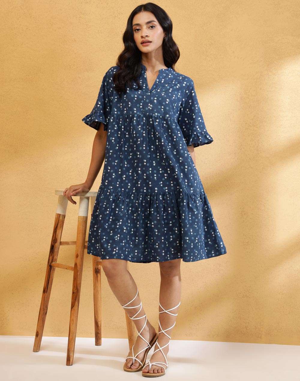 Buy Indigo Cotton Dabu Printed Short Dress for Women Online at