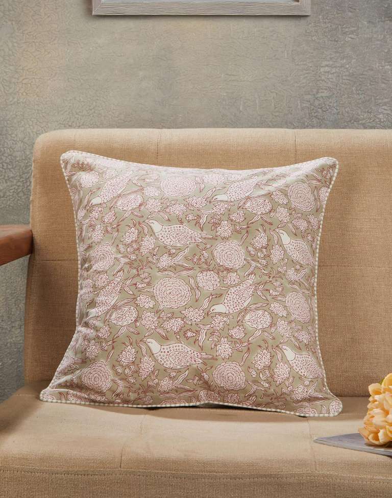 Beige Gulab Hand Block Printed Cotton Cushion Cover