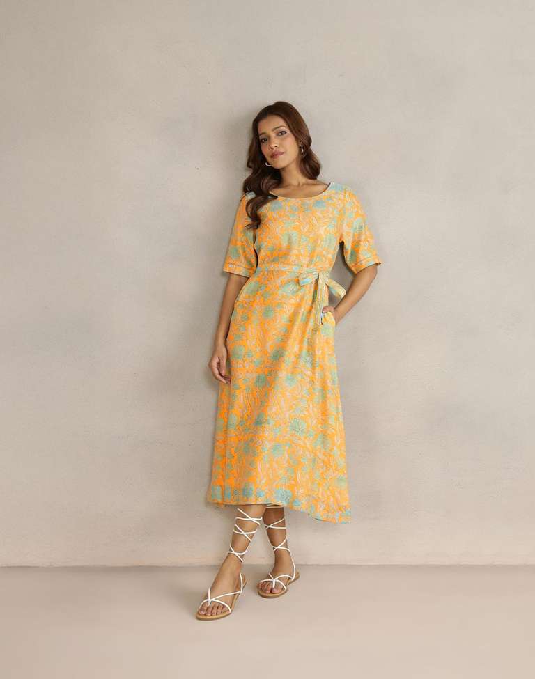 Yellow Cotton Silk Hand Block Printed Midi Dress