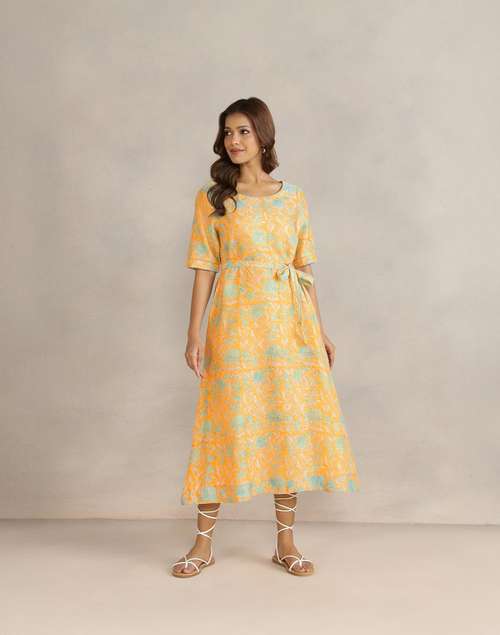 Yellow Cotton Silk Hand Block Printed Midi Dress Yellow Cotton Silk Hand Block Printed Midi Dress