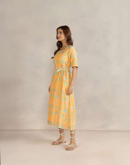 Yellow Cotton Silk Hand Block Printed Midi Dress Yellow Cotton Silk Hand Block Printed Midi Dress