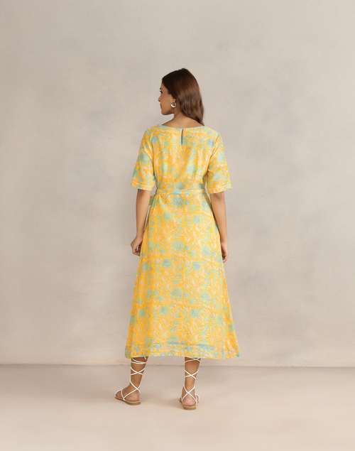 Yellow Cotton Silk Hand Block Printed Midi Dress Yellow Cotton Silk Hand Block Printed Midi Dress