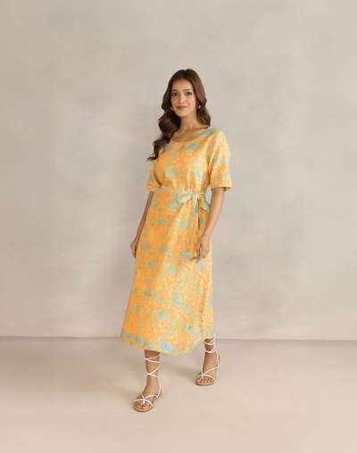 Yellow Cotton Silk Hand Block Printed Midi Dress Yellow Cotton Silk Hand Block Printed Midi Dress