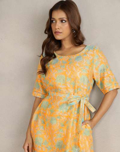 Yellow Cotton Silk Hand Block Printed Midi Dress Yellow Cotton Silk Hand Block Printed Midi Dress