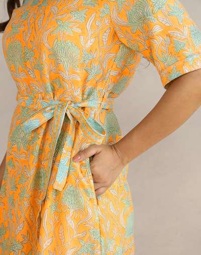 Yellow Cotton Silk Hand Block Printed Midi Dress Yellow Cotton Silk Hand Block Printed Midi Dress