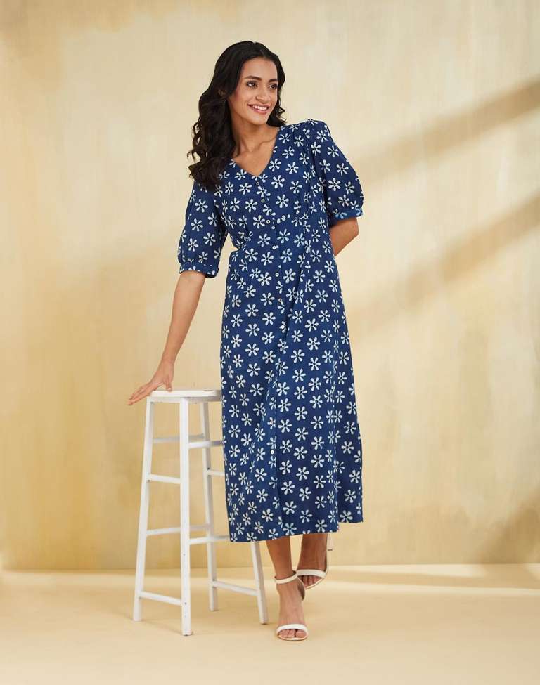 Buy Indigo Cotton Dabu Printed Midi Dress for Women Online at