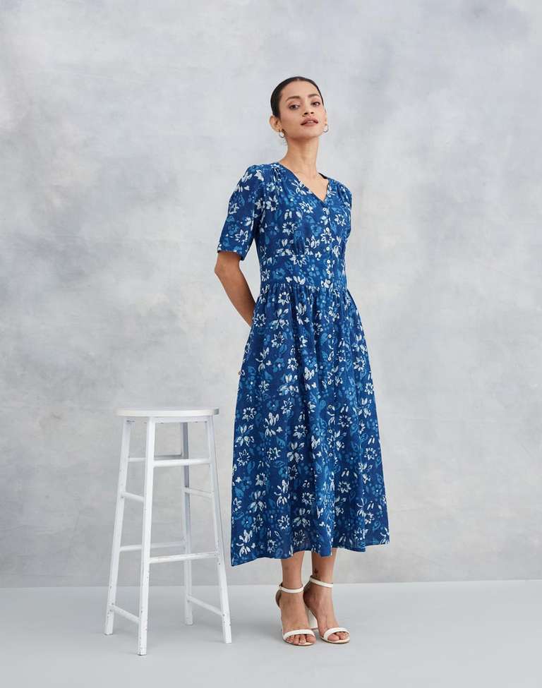 Indigo Cotton Dabu Printed Midi Dress