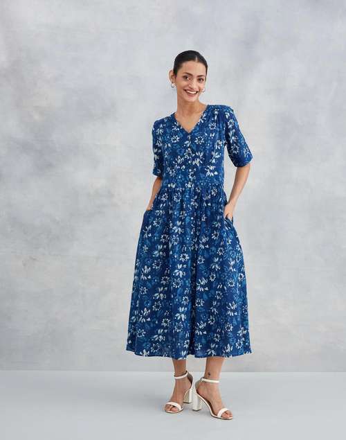 Indigo Cotton Dabu Printed Midi Dress Indigo Cotton Dabu Printed Midi Dress