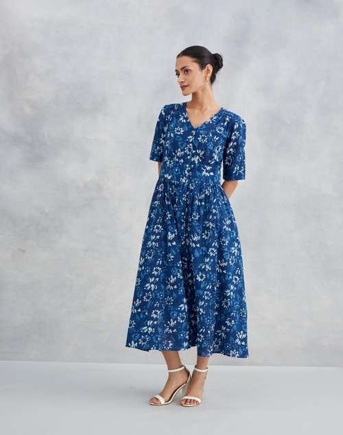 Indigo Cotton Dabu Printed Midi Dress Indigo Cotton Dabu Printed Midi Dress