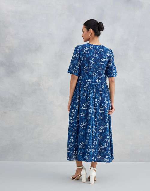 Indigo Cotton Dabu Printed Midi Dress Indigo Cotton Dabu Printed Midi Dress
