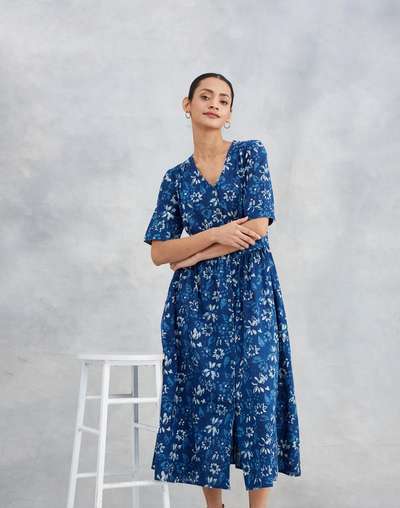 Indigo Cotton Dabu Printed Midi Dress Indigo Cotton Dabu Printed Midi Dress