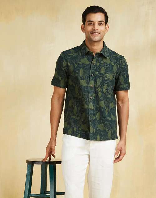 Green Cotton Dabu Printed Bush Shirt