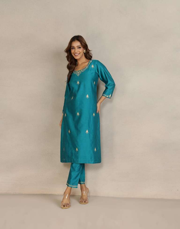 Buy Teal Cotton Silk Embroidered 2pc Kurta Set for Women Online at