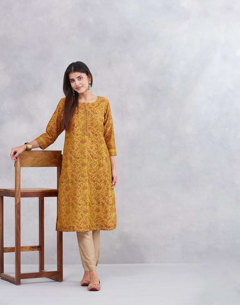 Buy Mustard Cotton Silk Hand Block Printed Long Kurta for Women