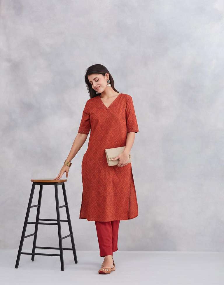 Avni Orange Cotton Printed 2pc Kurta Set - Main Image