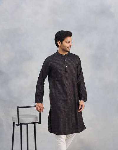 Black Viscose Blend Dobby Slim Fit Long Kurta Black Viscose Blend Dobby Slim Fit Long Kurta