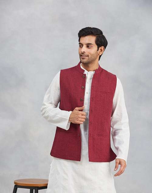 Red Cotton Nehru Jacket Red Cotton Nehru Jacket