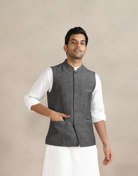 Grey Cotton Slim Fit Nehru Jacket