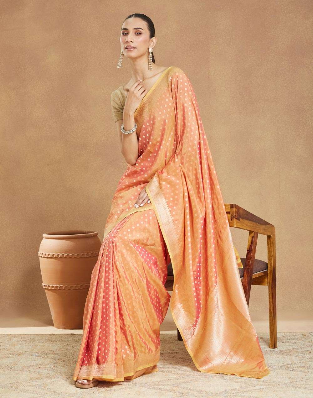 Buy Orange Viscose Blend Banarsi Sari For Women Online At Fabindia Buy Orange Viscose Blend Banarsi Sari For Women Online At Fabindia