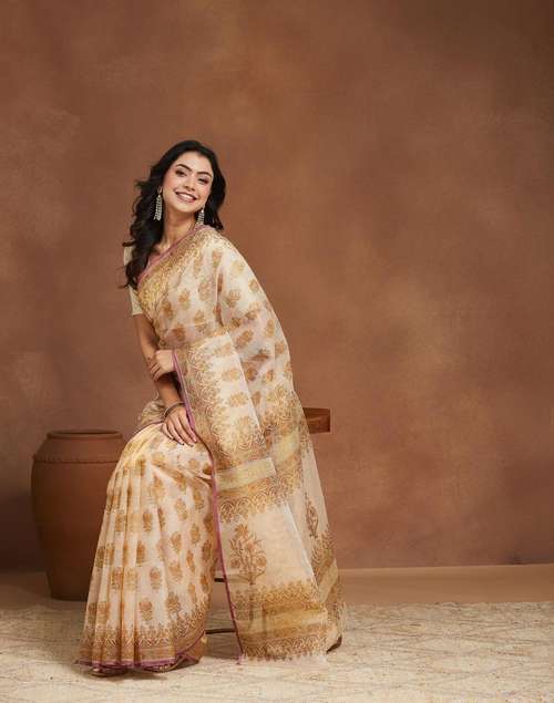 Buy Beige Cotton Silk Blend Hand Block Printed Sari for Women Online at ...