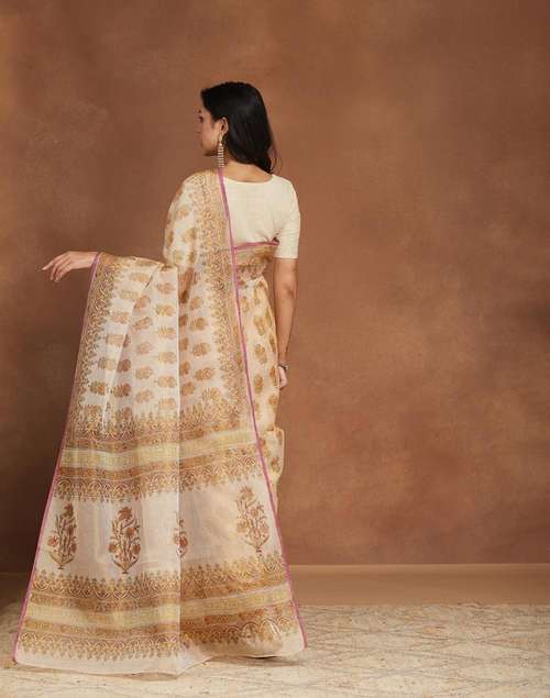 Buy Beige Cotton Silk Blend Hand Block Printed Sari for Women Online at ...