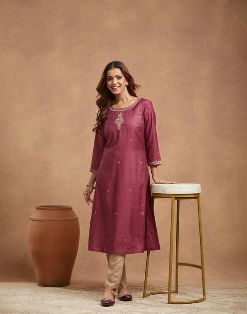 Buy Wine Viscose Silk Embroidered Slim Fit Long Kurta for Women Online ...