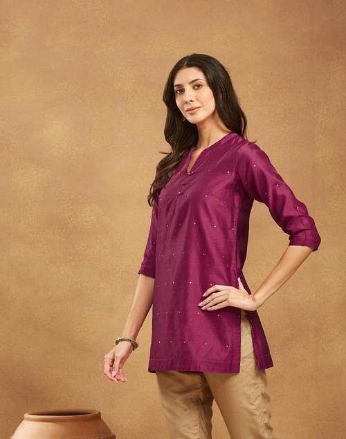 Buy Wine Cotton Silk Blend Chanderi Slim Fit Short Kurta for Women ...