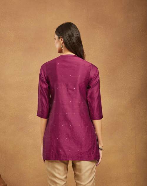 Buy Wine Cotton Silk Blend Chanderi Slim Fit Short Kurta for Women ...