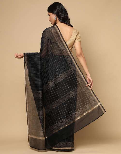 Buy Black Cotton Silk Blend Hand Block Printed Sari for Women Online at ...