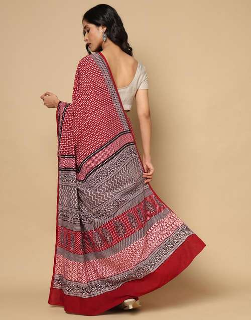 Buy Red Cotton Bagh Printed Sari for Women Online at Fabindia | 20242223