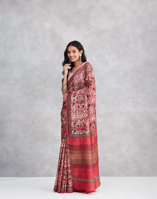Buy Red Silk Hand Block Print Sari for Women Online at Fabindia | 20242270