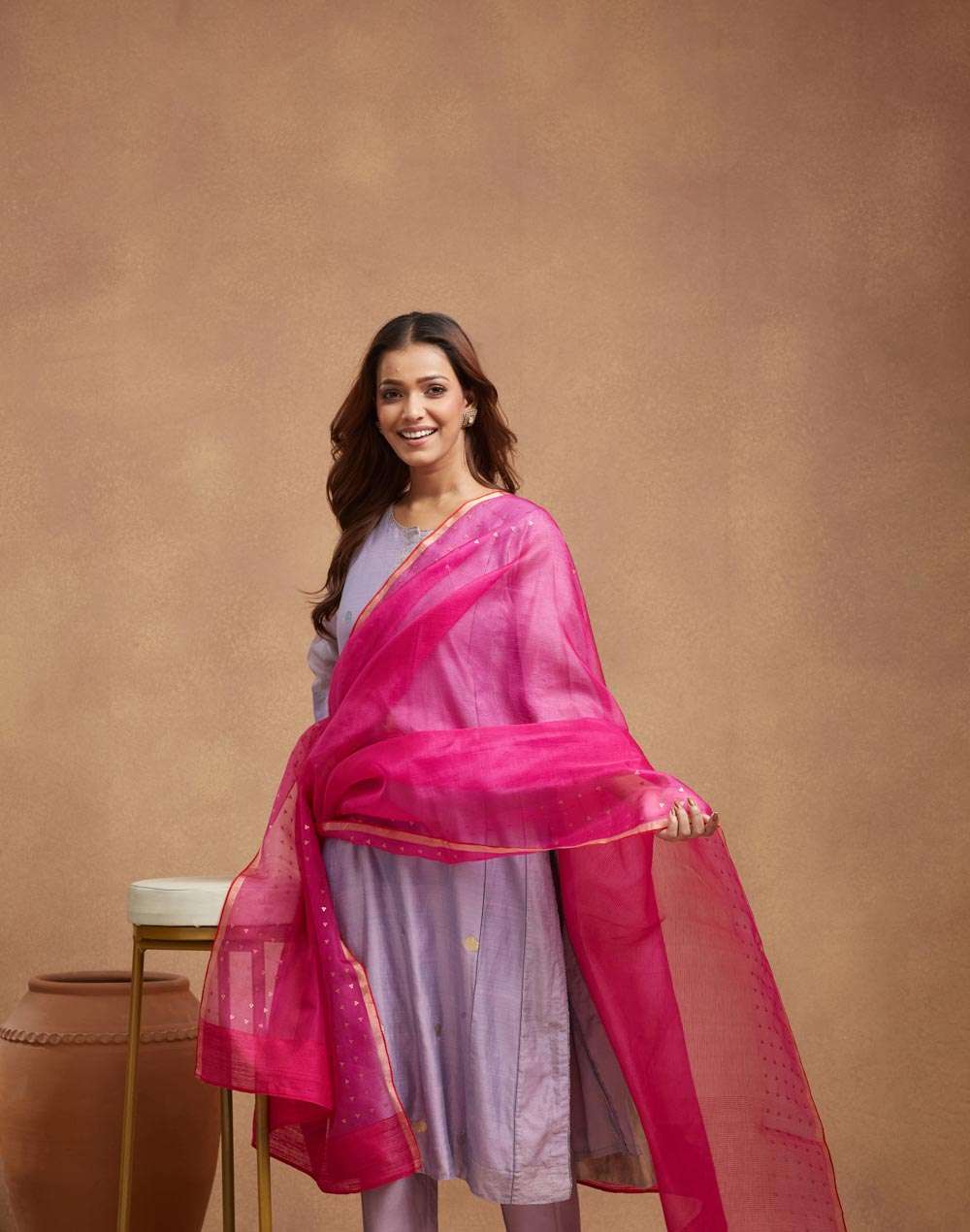Dupatta Donna In Lino Tinta Unita Fucsia | 2,4 M Morbida E Traspirante | Stola, Hijab, Sciarpa Etnica