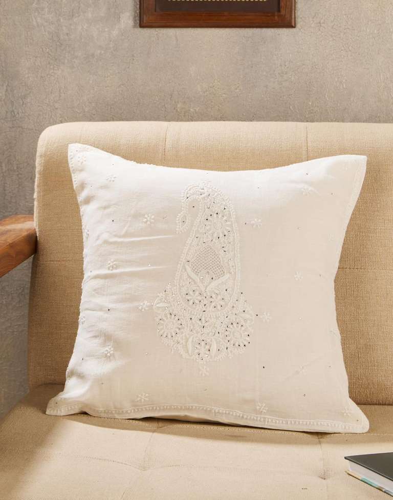 Buy Offwhite Inaya Chikankari Embroidered Cotton Silk Cushion