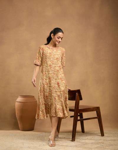 casual midi dress india Hand Block Printed Dress | Summer Midi Dress | Cotton Floral Dress | White & Pink Dress| Handmade in India