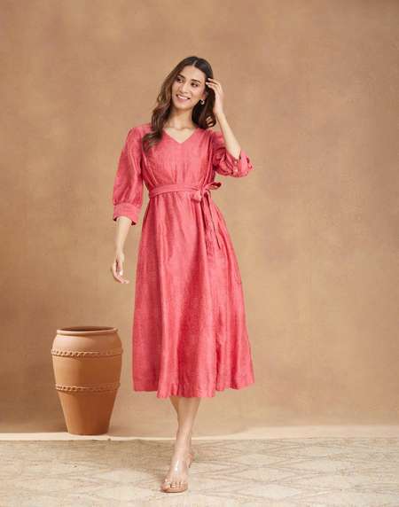 Pink Cotton Silk Hand Block Printed Midi Dress
