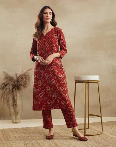 kurta dress for ladies Women's Sky Chiffon Digital Print Kurta Set Blue / M