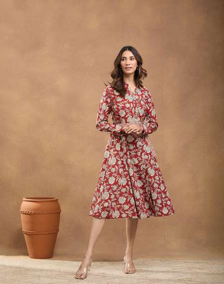 Red Cotton Hand block Floral Midi Dress