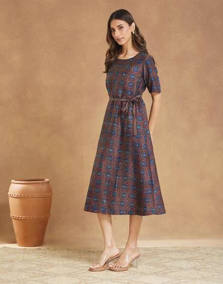 fabindia silk dresses Cotton Silk Printed Calf Length Dress