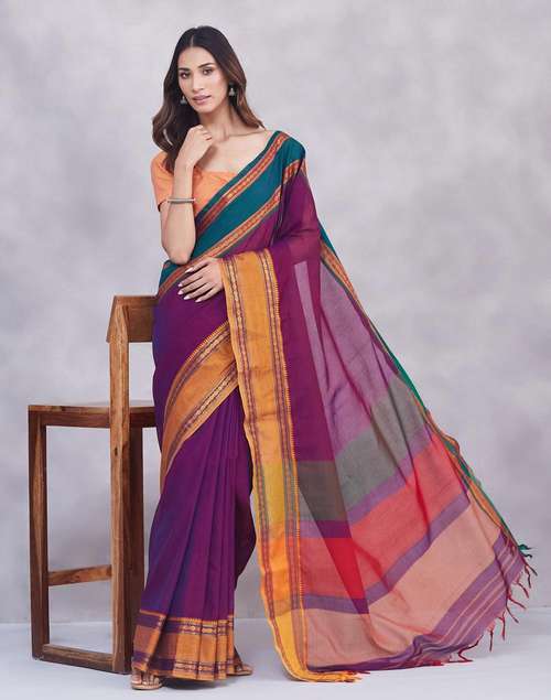 All Color Color Sari Buy Purple Cotton Blend Sari for Women Online at Fabindia | 20264076