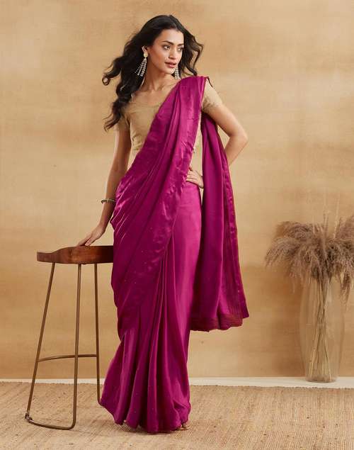 Buy Wine Viscose Blend Embroidered Stitched Sari With Blouse for Women ...