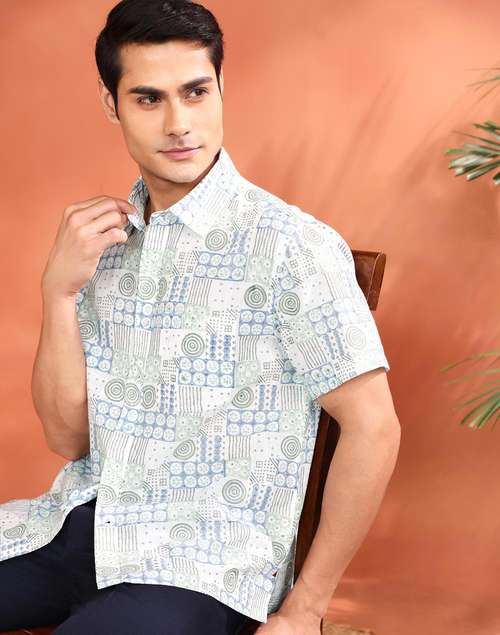 White Cotton Hand Block Printed Bush Shirt