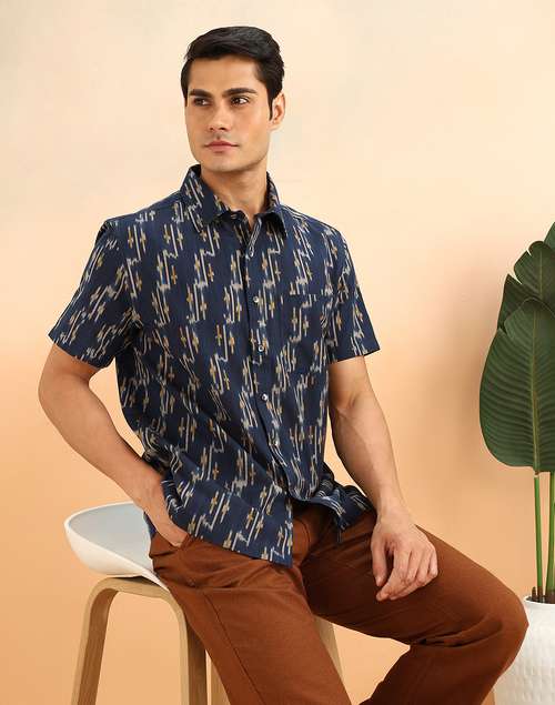 Blue Cotton Ikat Bush Shirt