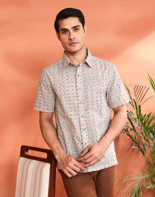 Blue Cotton Hand Block Printed Bush Shirt