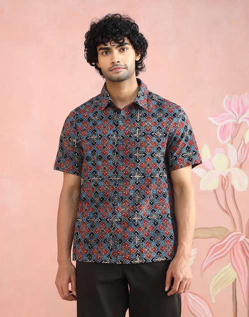 Red-Black Cotton Ajrakh Printed Bush Shirt