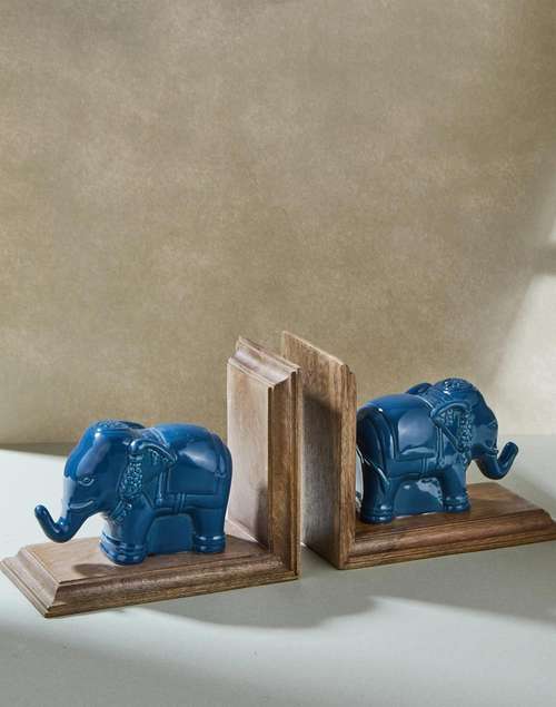 Blue Ceramic Glazed Mitul Elephant Bookend Set Of 2 Blue Ceramic Glazed Mitul Elephant Bookend Set Of 2
