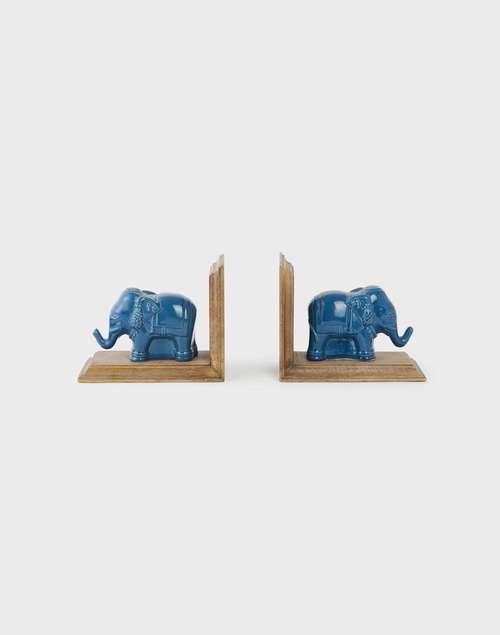Blue Ceramic Glazed Mitul Elephant Bookend Set Of 2 Blue Ceramic Glazed Mitul Elephant Bookend Set Of 2