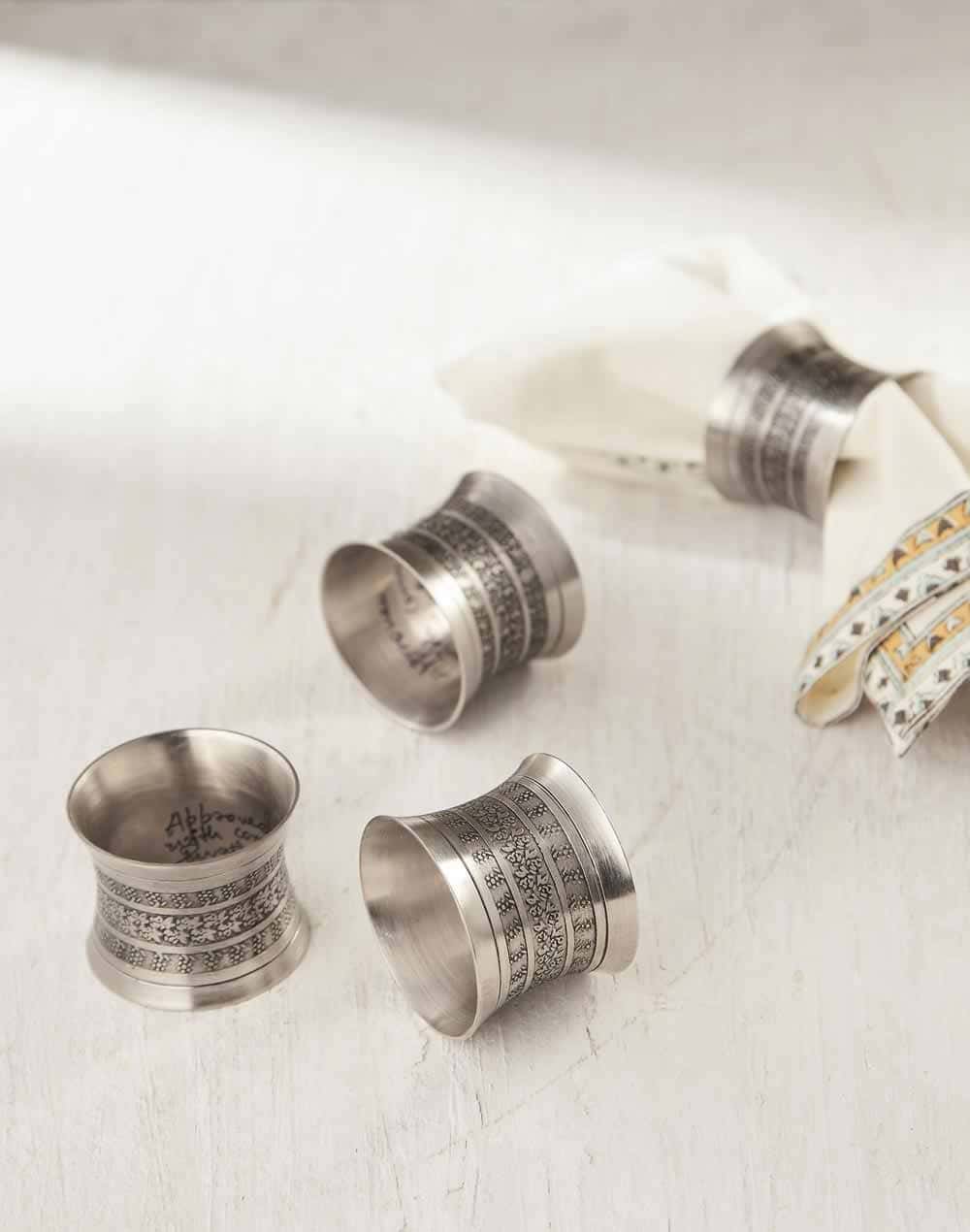 Antique Silver Rasoi Metal Napkin Ring Set Of 4